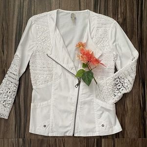 XCVI summer cotton zip jacket w/ open knit sleeves & pockets, white